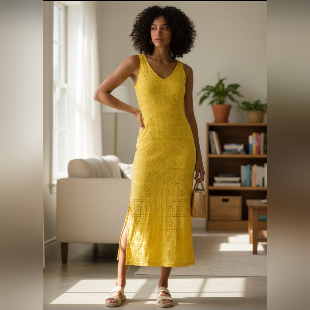 Sharagano Sunny Yellow Sleeveless Midi Dress - Picture 1 of 9